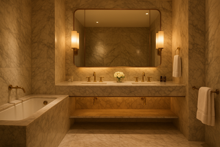 luxury bathroom with warm lighting and marble counter tops